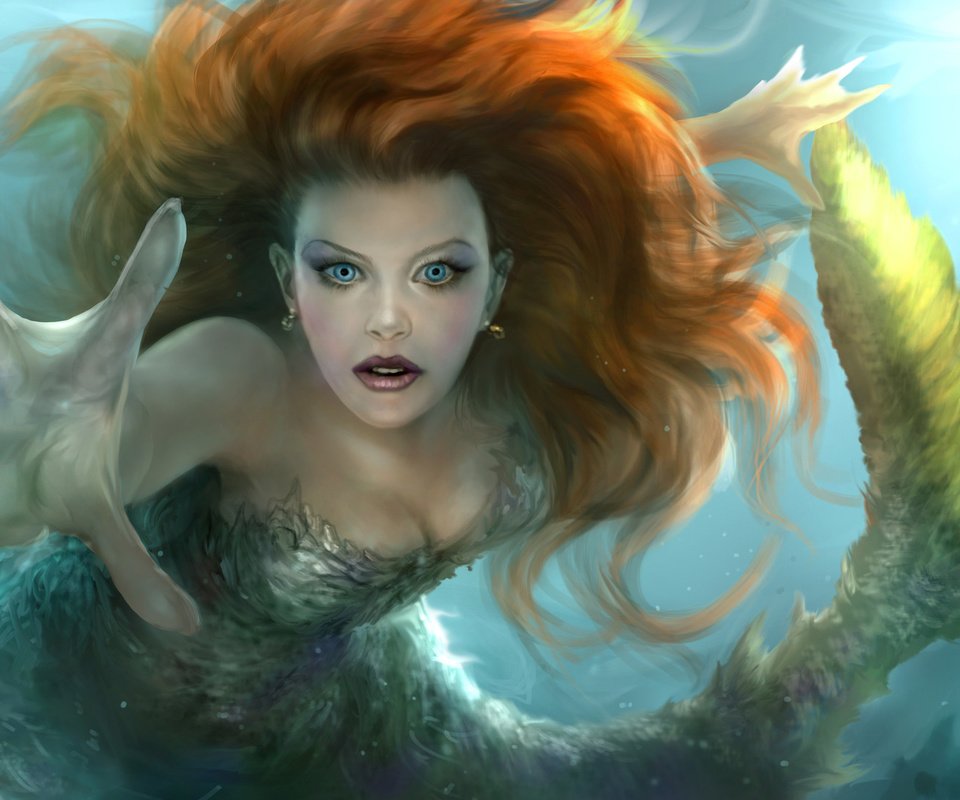 Обои арт, вода, рука, взгляд, волосы, хвост, русалка, плавник, art, water, hand, look, hair, tail, mermaid, fin разрешение 1920x1096 Загрузить