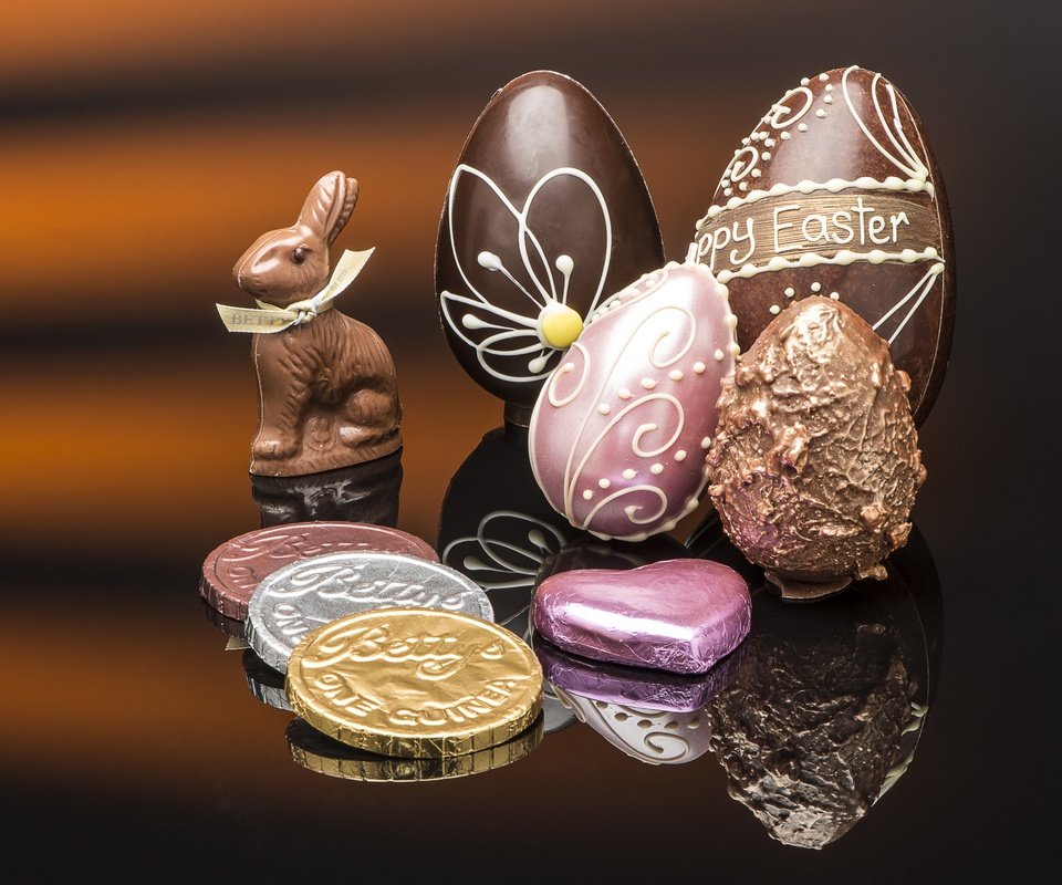 Обои отражение, конфеты, пасха, шоколад, монеты, заяц, яйцо, reflection, candy, easter, chocolate, coins, hare, egg разрешение 4000x2670 Загрузить