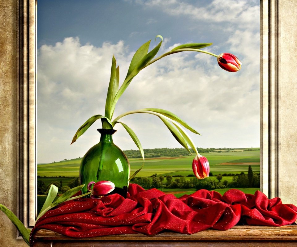 Обои цветы, картина, стена, ткань, букет, тюльпаны, ваза, натюрморт, flowers, picture, wall, fabric, bouquet, tulips, vase, still life разрешение 1920x1200 Загрузить