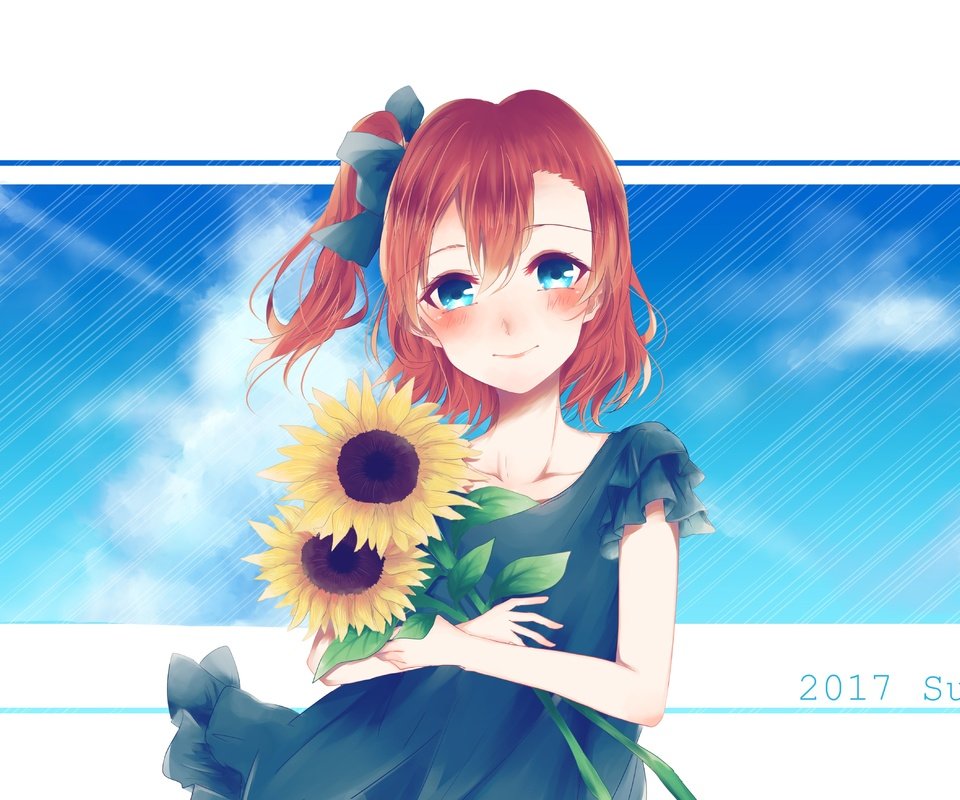 Обои рыжая, подсолнухи, love live, коусака гонока, red, sunflowers, kousaka honoka разрешение 5209x3508 Загрузить