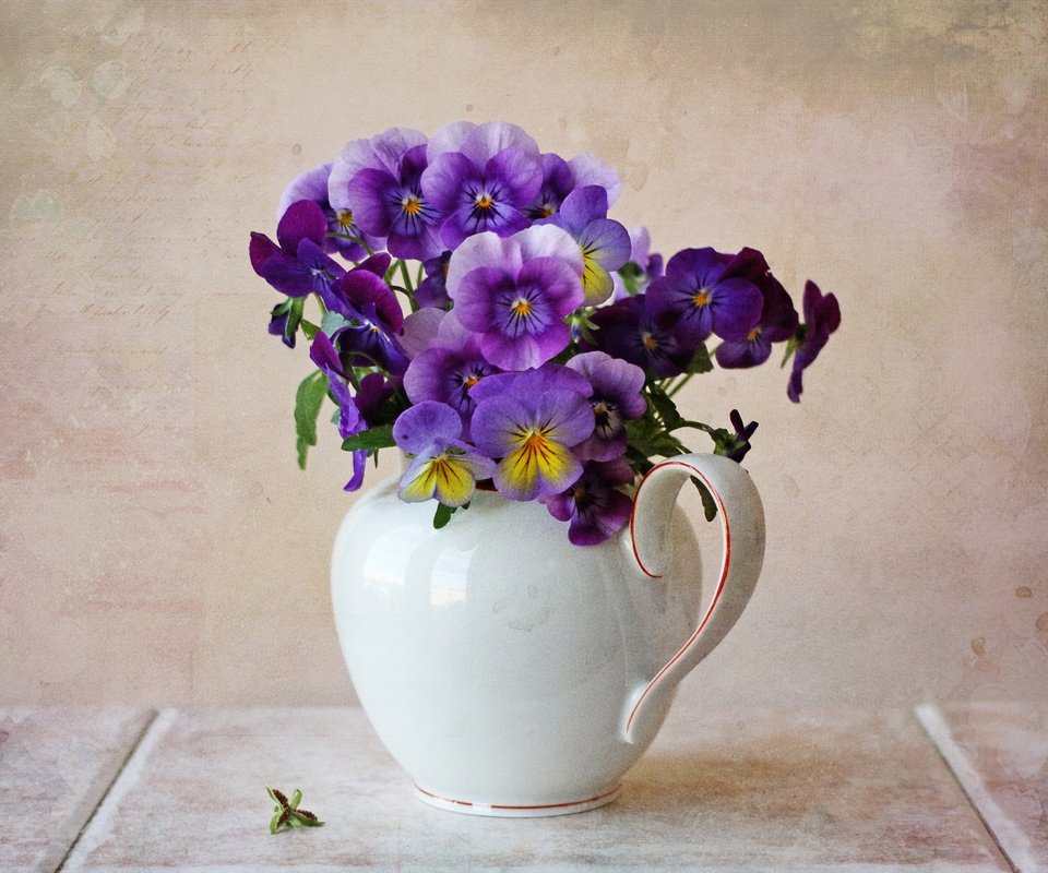 Обои букет, кувшин, анютины глазки, bouquet, pitcher, pansy разрешение 2560x1965 Загрузить