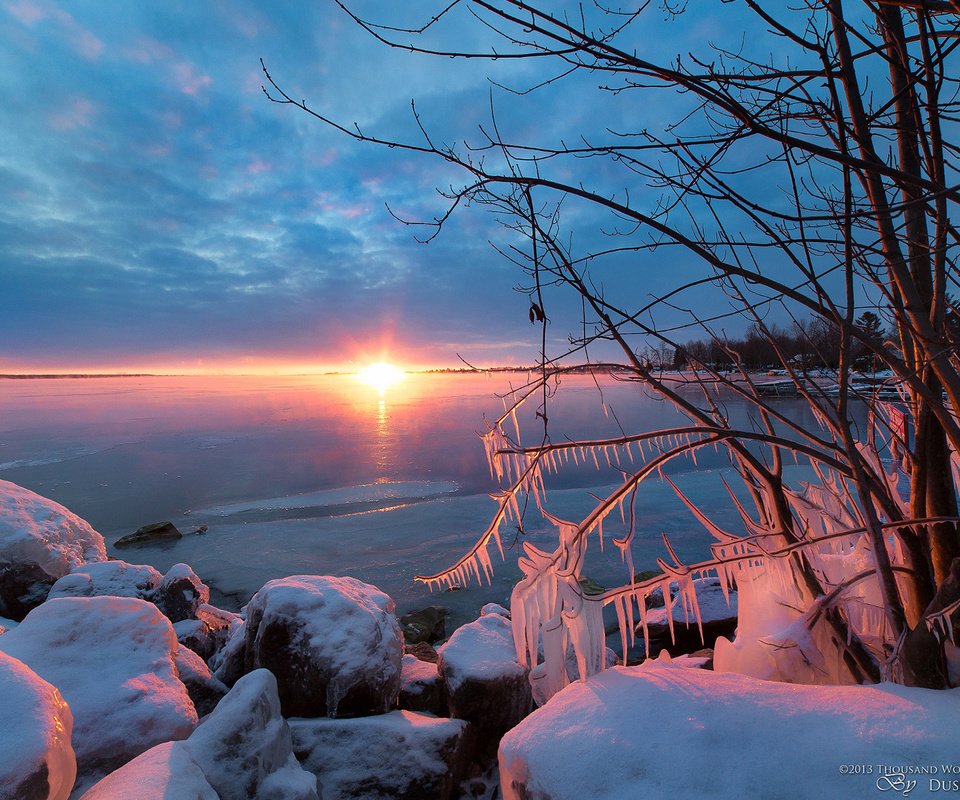 Обои река, природа, зима, рассвет, канада, онтарио, dustin abbott, bodies of water, ottawa river, river, nature, winter, dawn, canada, ontario разрешение 1920x1200 Загрузить