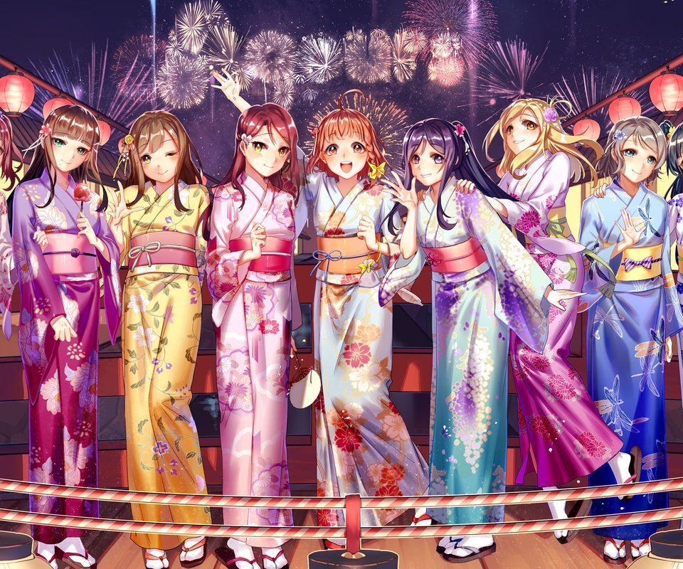 Обои девочки, кимоно, фонарики, феерверк, фестиваль, love live sunshine, girls, kimono, lanterns, fireworks, festival разрешение 2362x1372 Загрузить