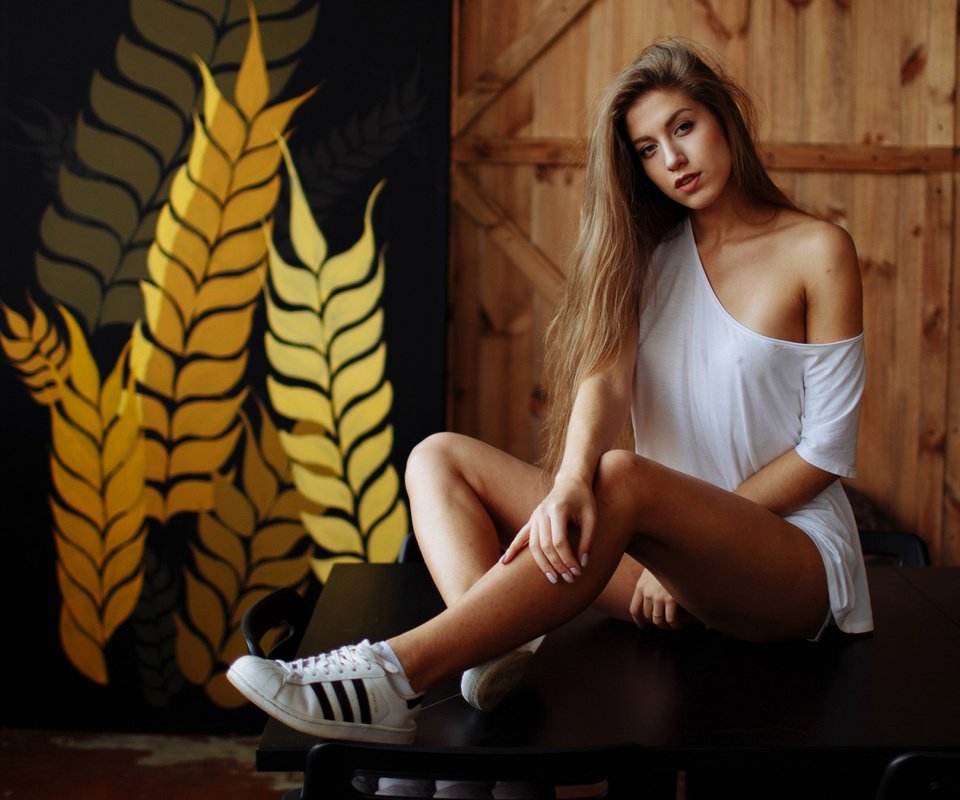 Обои девушка, поза, взгляд, плечо, кроссовки, длинные волосы, girl, pose, look, shoulder, sneakers, long hair разрешение 2112x1188 Загрузить