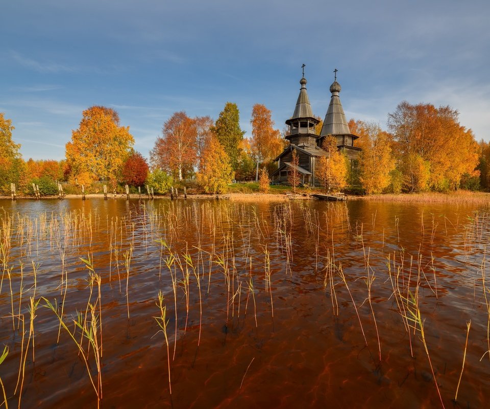 Обои деревья, максим евдокимов, озеро, природа, пейзаж, осень, церковь, карелия, село, trees, maxim evdokimov, lake, nature, landscape, autumn, church, karelia, village разрешение 2560x1709 Загрузить