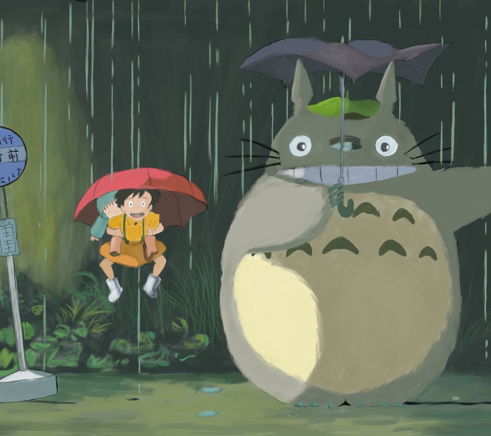 Обои дождь, тоторо, хаяо миядзаки, зонт, rain, totoro, hayao miyazaki, umbrella разрешение 3508x2480 Загрузить