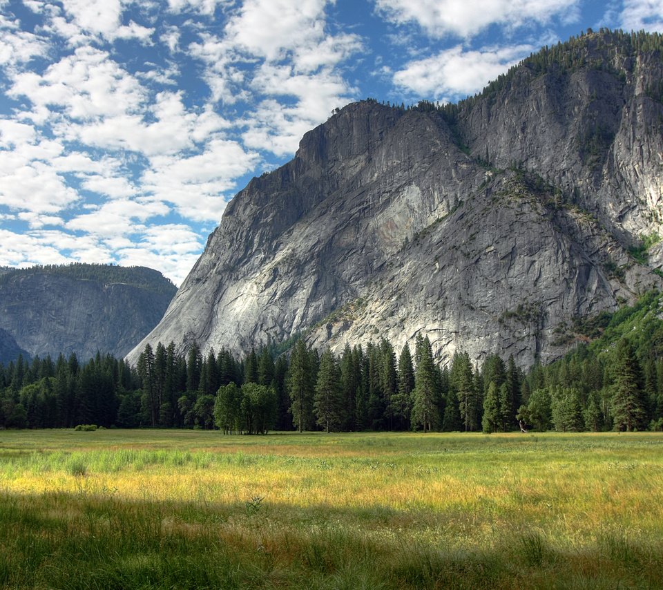 Обои облака, деревья, горы, скалы, yosemite meadows, грин, clouds, trees, mountains, rocks, green разрешение 3197x1998 Загрузить