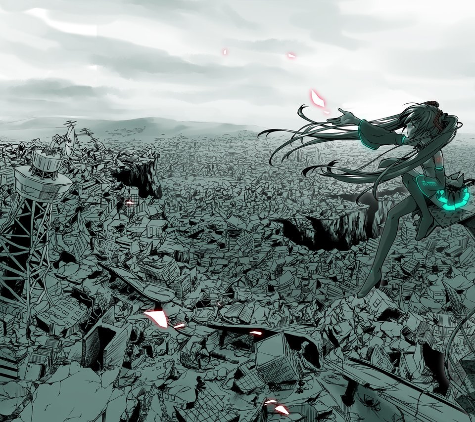 Обои город, вокалоид, катастрофа, мику хацунэ, the city, vocaloid, disaster, hatsune miku разрешение 3000x1500 Загрузить