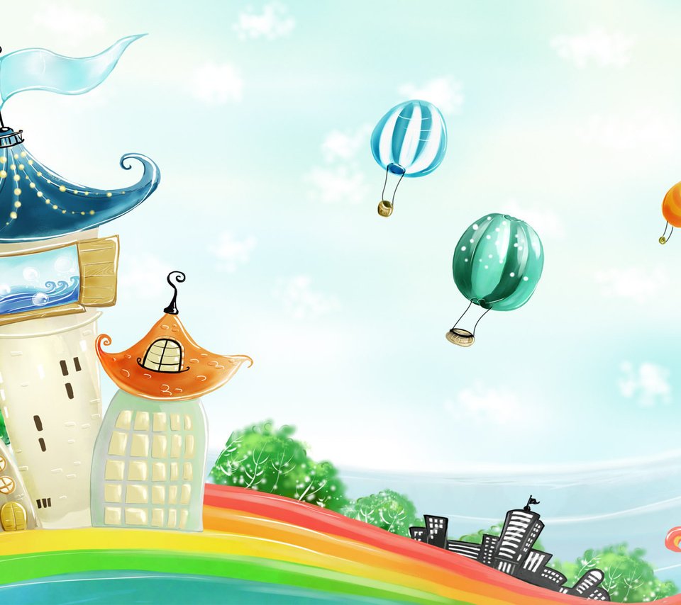 Обои домики, радуга, воздушные шары, houses, rainbow, balloons разрешение 1920x1200 Загрузить