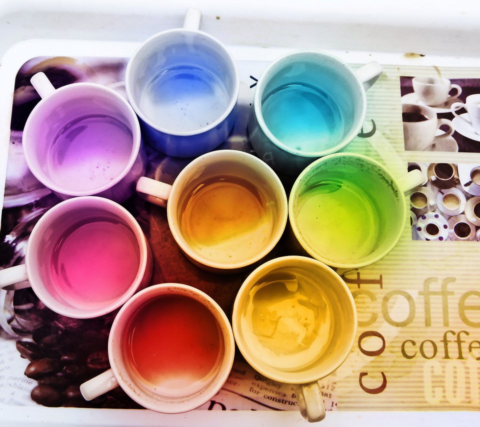 Обои цвета, кофе, радуга, кружки, поднос, color, coffee, rainbow, mugs, tray разрешение 2000x1536 Загрузить