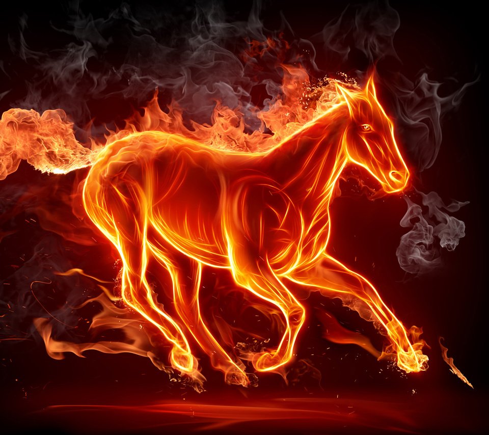 Обои лошадь, пламя, огонь, дым, силуэт, конь, horse, flame, fire, smoke, silhouette разрешение 1920x1200 Загрузить