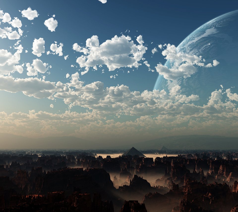 Обои небо, облака, горы, скалы, пейзаж, планета, горизонт, цифровое искусство, the sky, clouds, mountains, rocks, landscape, planet, horizon, digital art разрешение 1920x1080 Загрузить