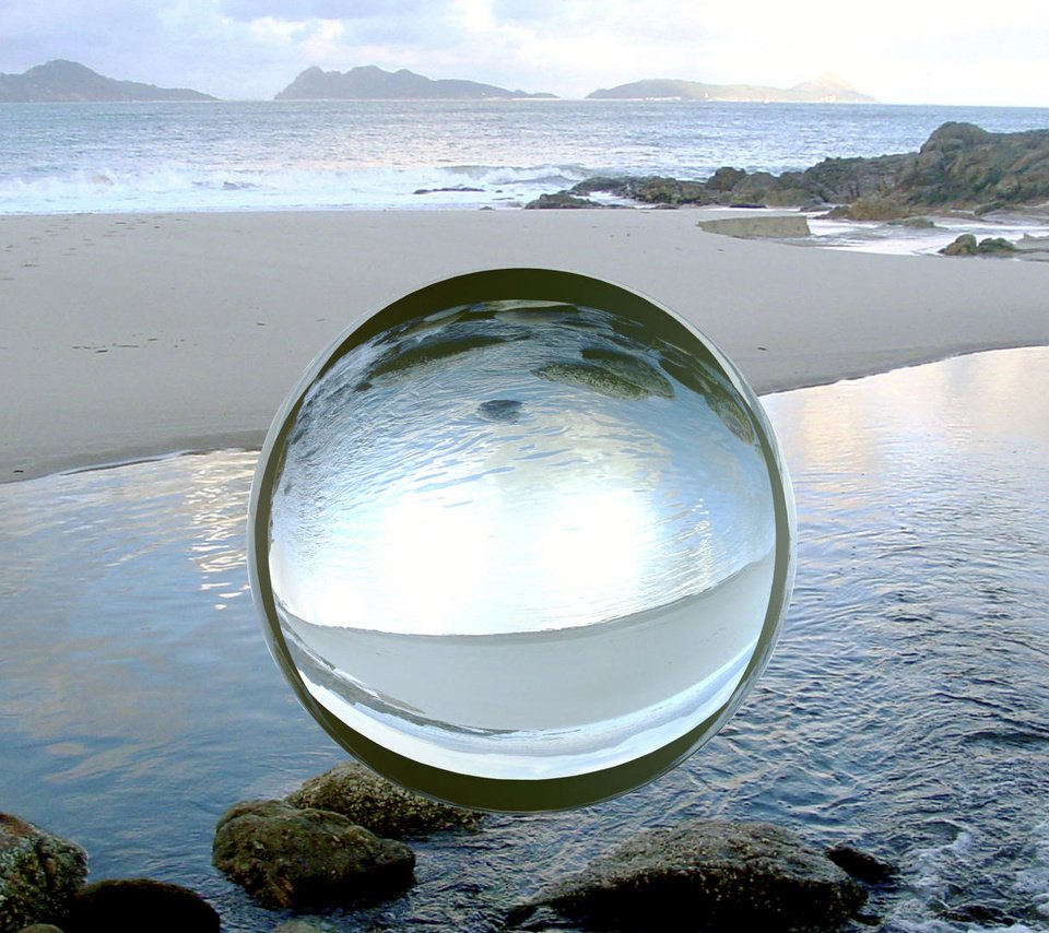 Обои пляж, сфера, шар, стеклянный, компьютерный дизайн, beach, sphere, ball, glass, computer design разрешение 1920x1080 Загрузить