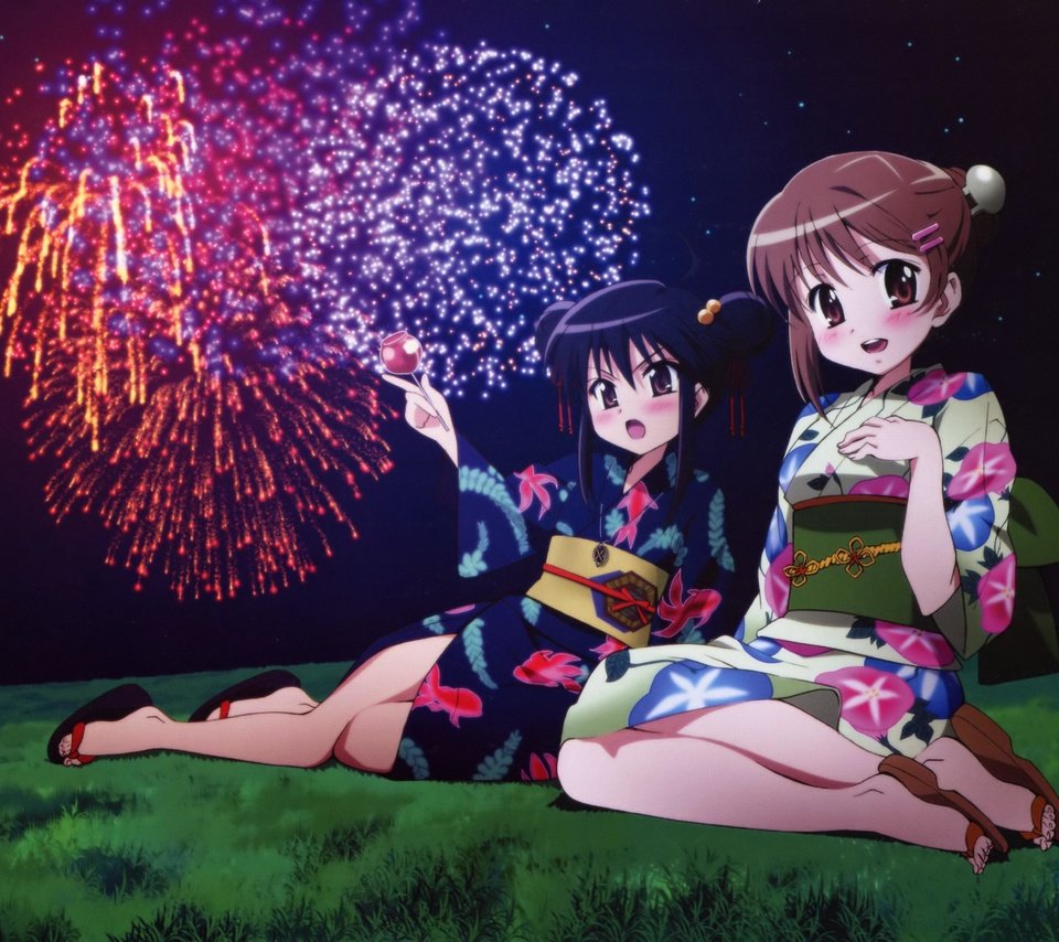 Обои shakugan no shana, shana, japanese clothes, yoshida kazumi, юката, феерверк, yukata, fireworks разрешение 3864x2795 Загрузить