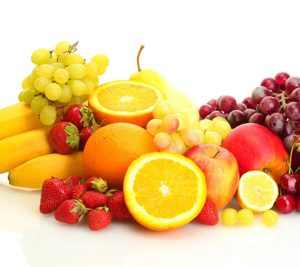 Обои бананы, виноград, груша, фрукты, яблоки, апельсины, клубника, лимон, ягоды, вишня, bananas, grapes, pear, fruit, apples, oranges, strawberry, lemon, berries, cherry разрешение 1920x1200 Загрузить