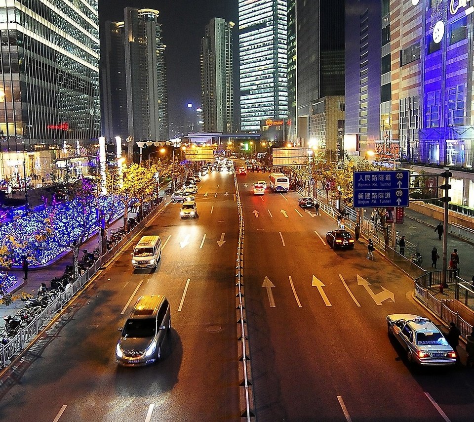 Обои улица ночного шанхая, street night shanghai разрешение 1920x1080 Загрузить