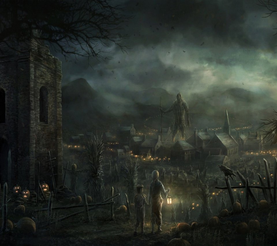 Обои встреча хэллоуина в деревне, meeting of halloween in the village разрешение 2560x1440 Загрузить