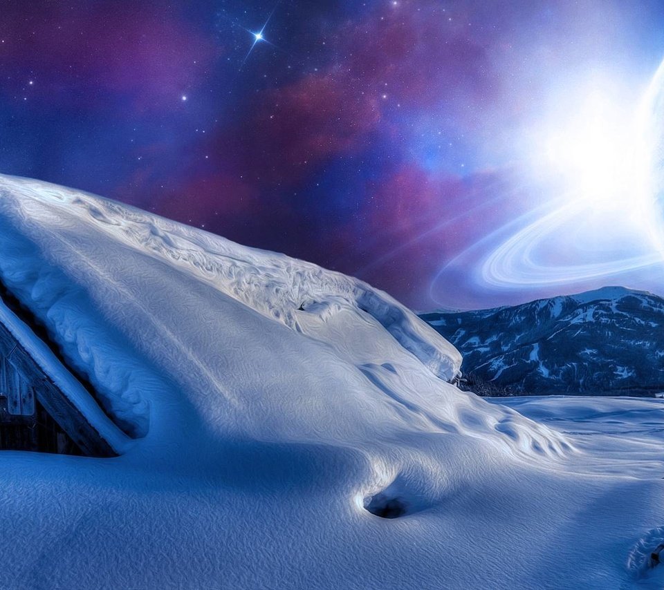 Обои небо, ночь, горы, снег, планета, звезда, дом, the sky, night, mountains, snow, planet, star, house разрешение 1920x1080 Загрузить