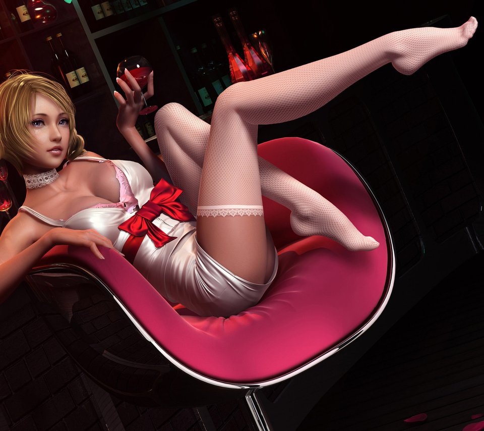 Обои девушка, стул, бар, ножки, чулки, girl, chair, bar, legs, stockings разрешение 1920x1080 Загрузить