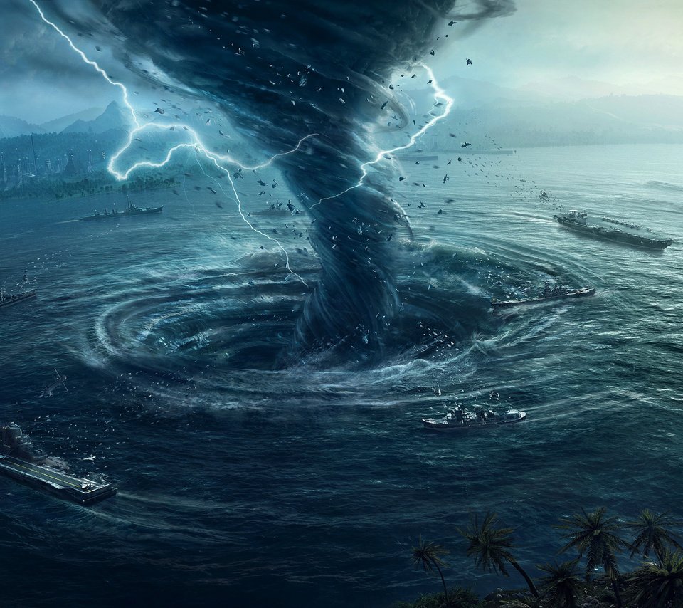 Обои вода, корабли, молния, графика, смерч, 3д, water, ships, lightning, graphics, tornado, 3d разрешение 2560x1440 Загрузить