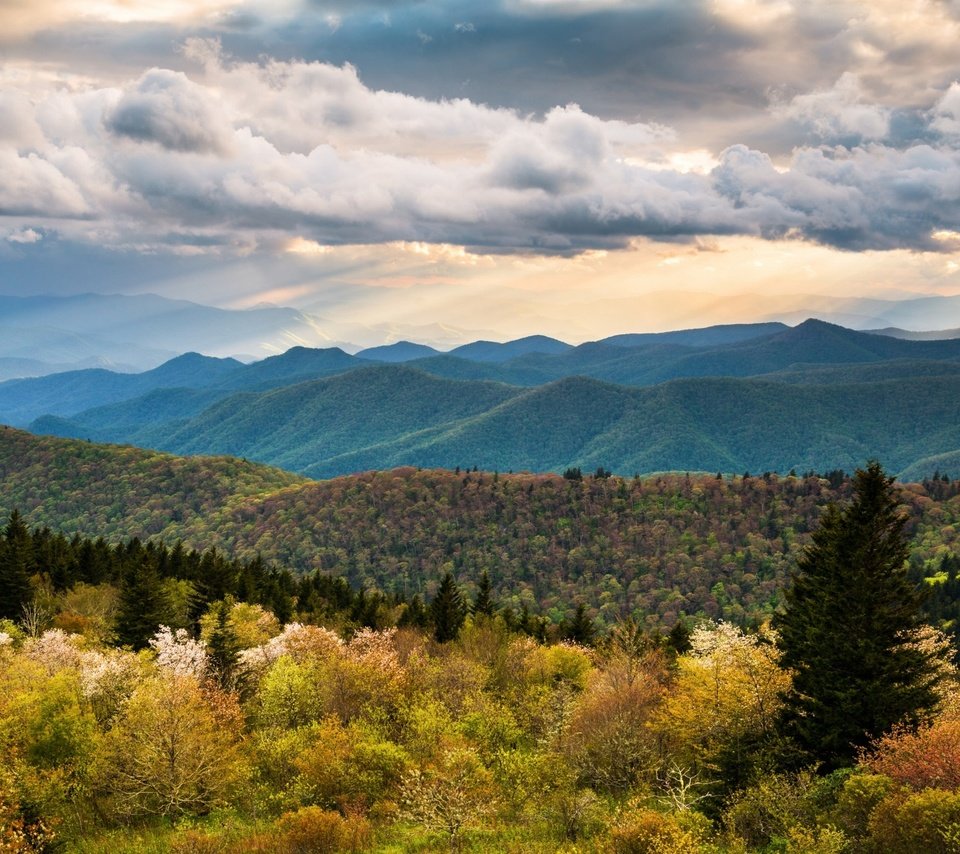 Обои небо, облака, горы, холмы, осень, леса, северная каролина, dave allen photography, the sky, clouds, mountains, hills, autumn, forest, north carolina разрешение 2048x1380 Загрузить