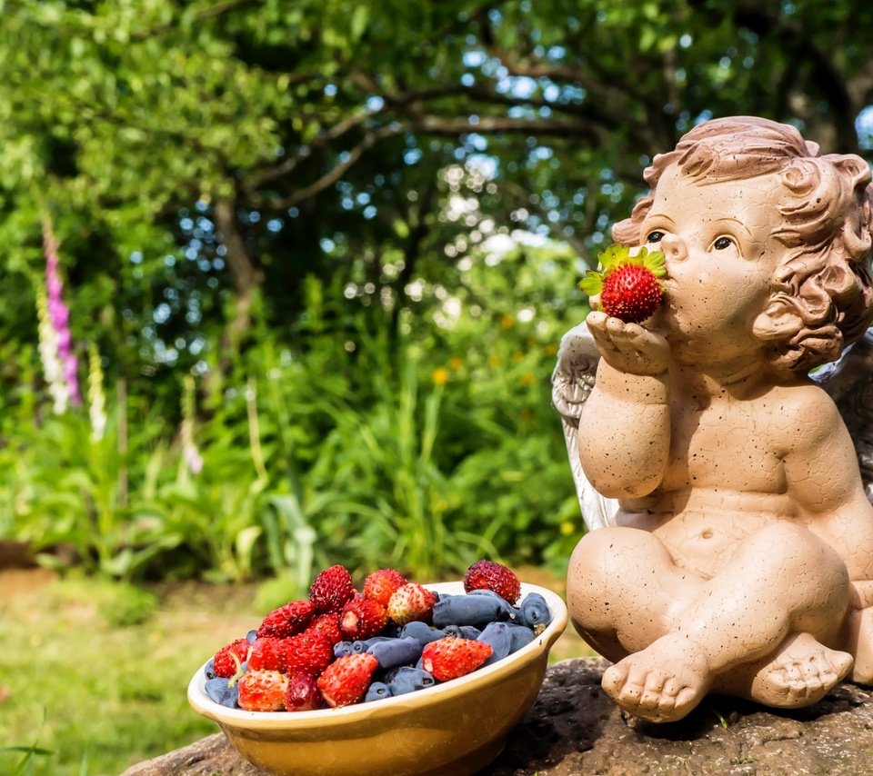 Обои статуэтка, ангел, ягоды, земляника, жимолость, figurine, angel, berries, strawberries, honeysuckle разрешение 3000x1955 Загрузить