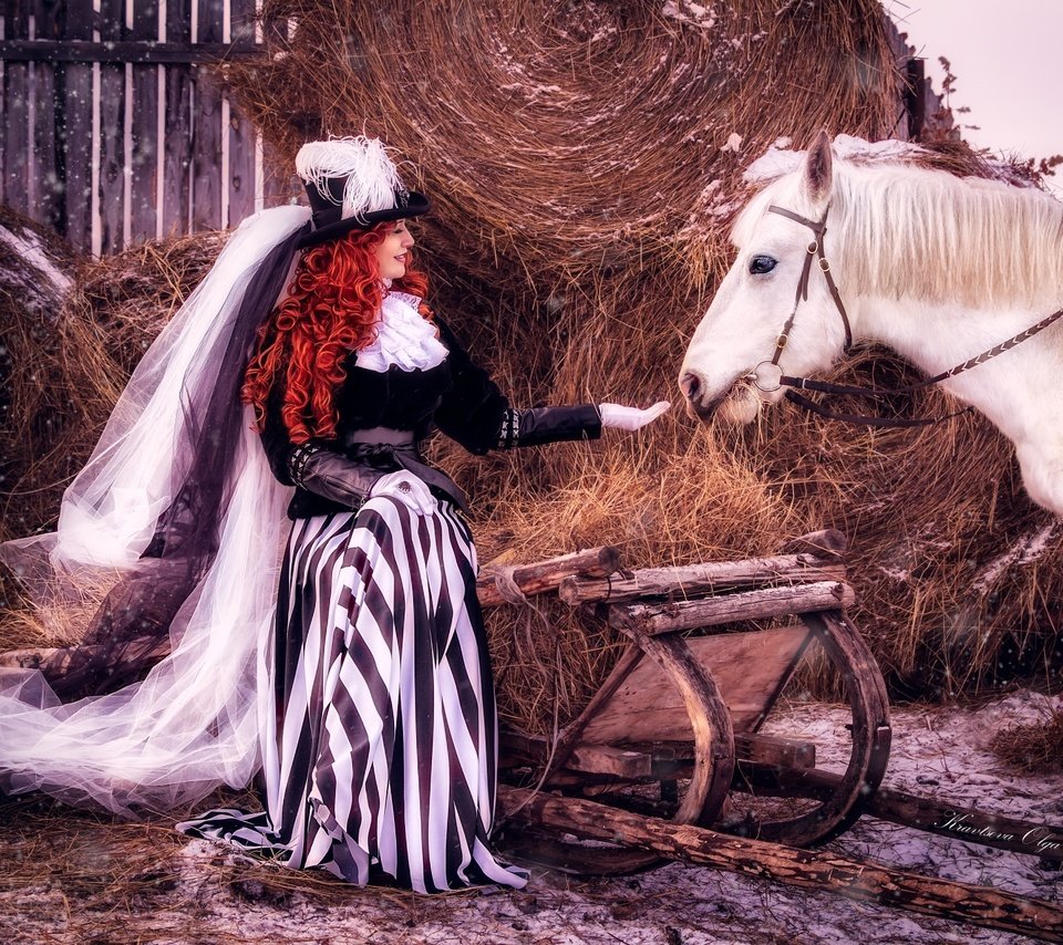 Обои лошадь, вуаль, снег, дама, девушка, барышня, сено, рыжая, волосы, наряд, конь, шляпа, hat, horse, veil, snow, lady, girl, hay, red, hair, outfit разрешение 2100x1357 Загрузить