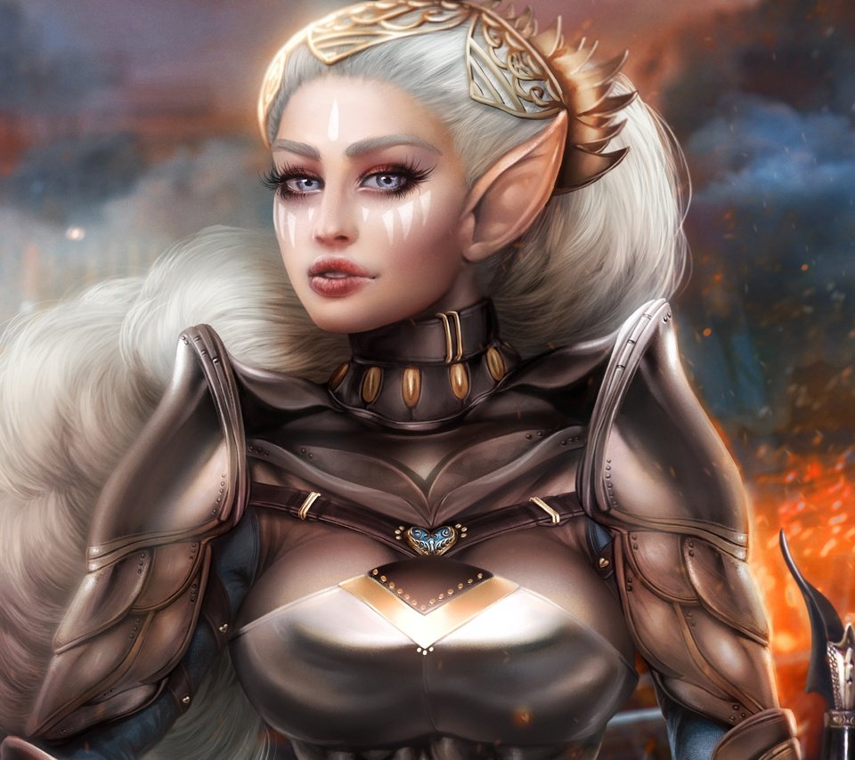 Обои девушка, воин, красавица, ушки, эльф, белые волосы, adalia, girl, warrior, beauty, ears, elf, white hair разрешение 5657x4220 Загрузить