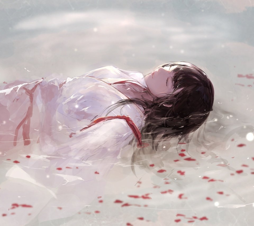 Обои вода, девушка, лепестки, сон, кимоно, akagi, традиционная одежда, water, girl, petals, sleep, kimono, traditional clothing разрешение 2865x2026 Загрузить