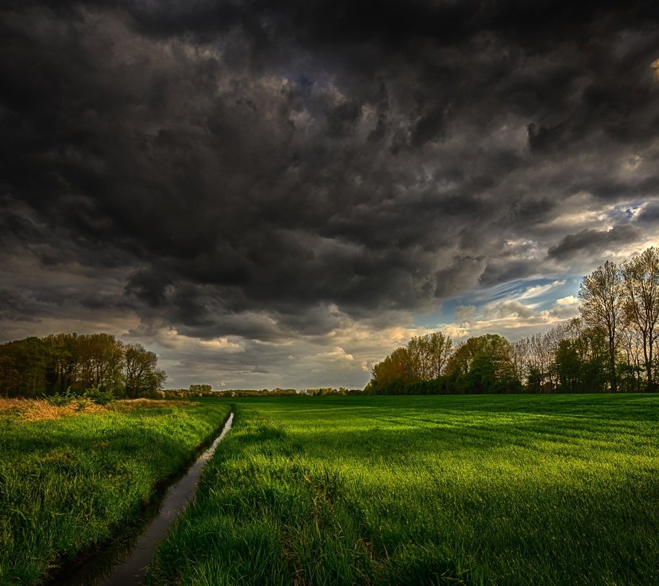 Обои небо, трава, деревья, тучи, ручей, поле, канал, the sky, grass, trees, clouds, stream, field, channel разрешение 2048x1365 Загрузить