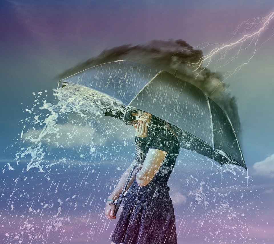 Обои девушка, молния, ситуация, дождь, зонт, girl, lightning, the situation, rain, umbrella разрешение 2048x1536 Загрузить