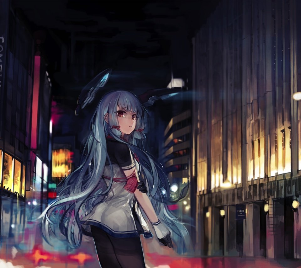 Обои голубые волосы, ноч, аниме девочка, kantai, blue hair, night, anime girl разрешение 3130x2139 Загрузить