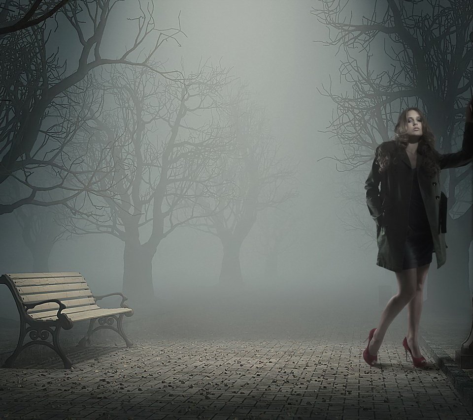 Обои ночь, девушка, парк, туман, скамья, night, girl, park, fog, bench разрешение 1920x1200 Загрузить