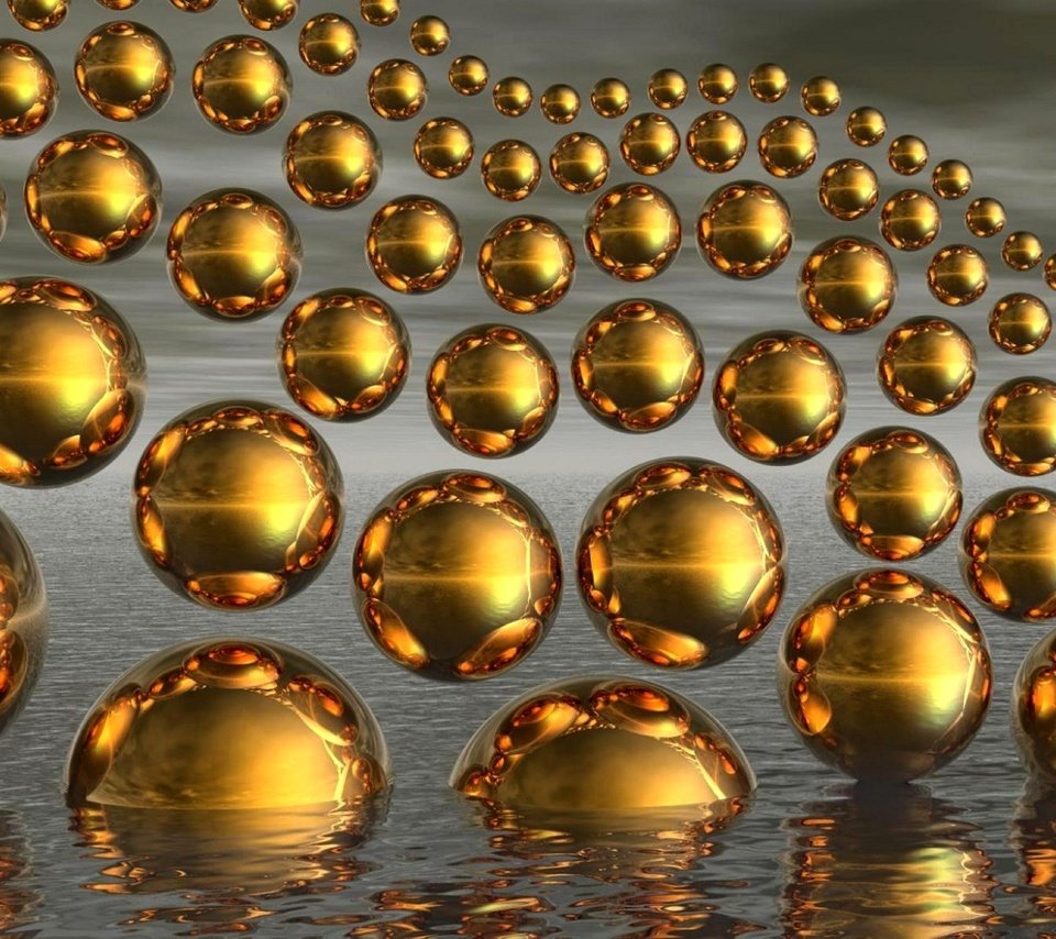 Обои вода, шары, волны, отражение, фон, золотые, water, balls, wave, reflection, background, gold разрешение 3840x2400 Загрузить