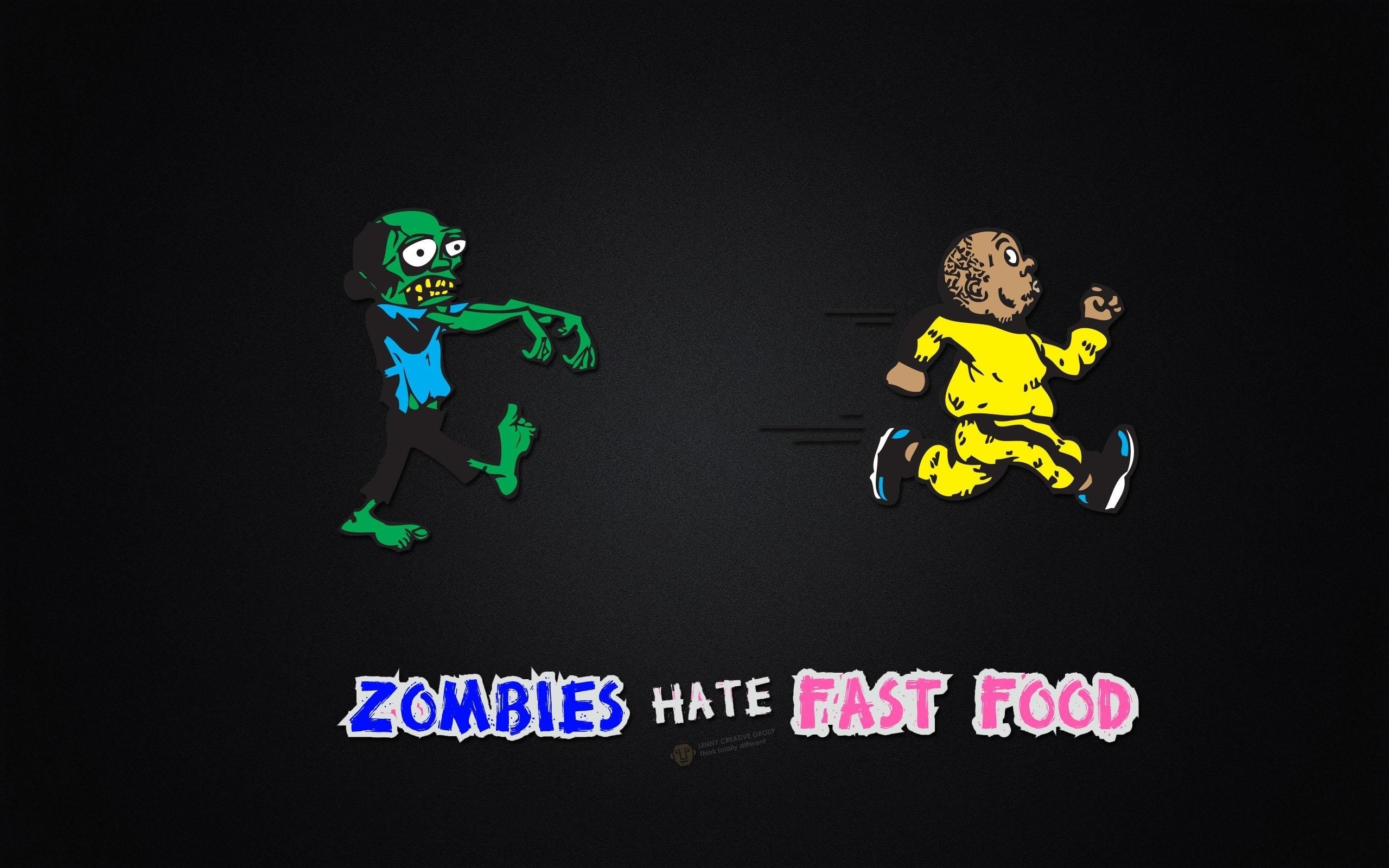 Обои еда, zombies hate fast food, зомби, человек, удирает, food, zombies, people, flees разрешение 2560x1600 Загрузить