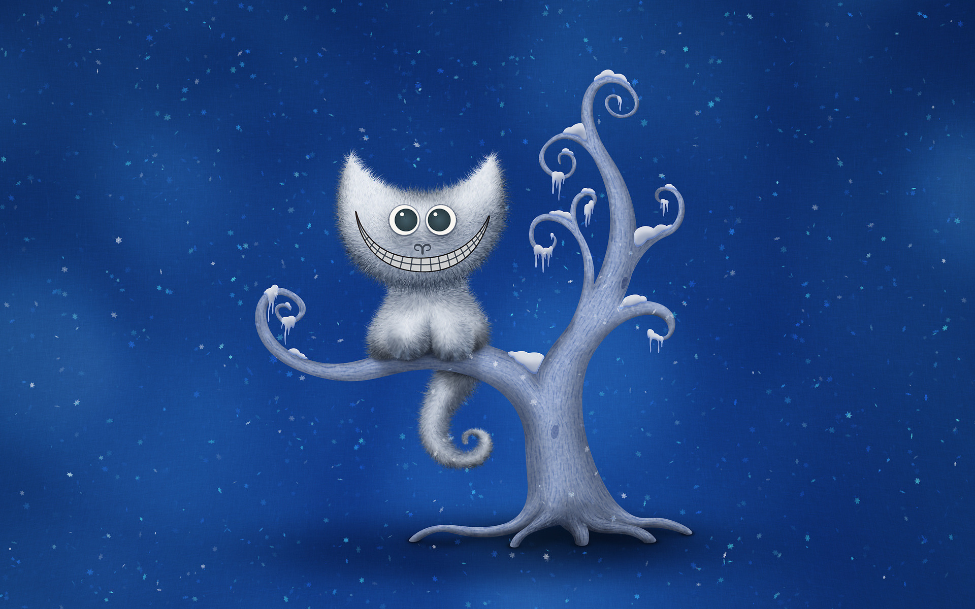 Обои дерево, зима, снежинки, улыбка, чеширский кот, tree, winter, snowflakes, smile, cheshire cat разрешение 1920x1200 Загрузить