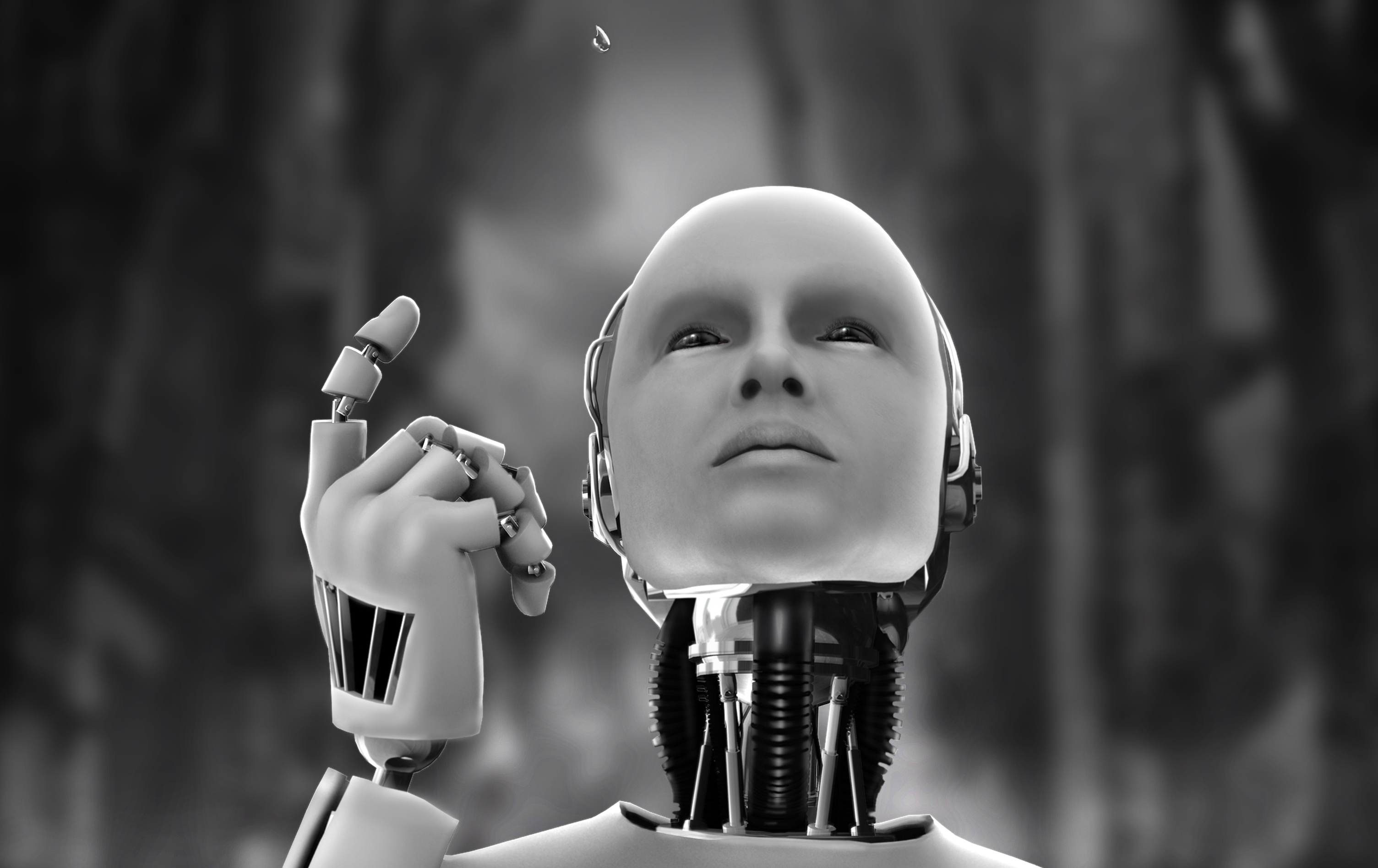 Обои капля, чёрно-белое, робот, андроид, drop, black and white, robot, android разрешение 3009x1895 Загрузить