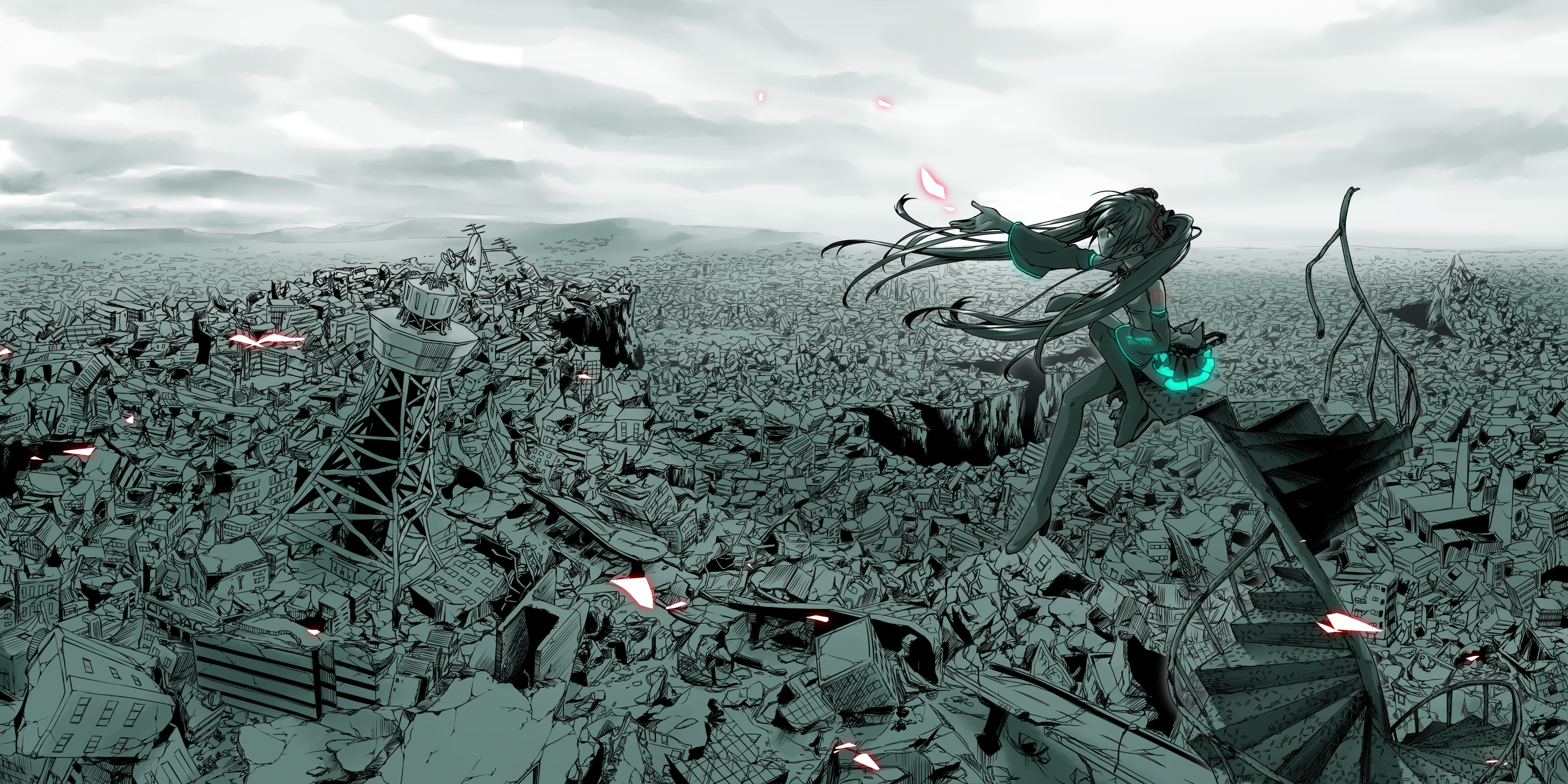 Обои город, вокалоид, катастрофа, мику хацунэ, the city, vocaloid, disaster, hatsune miku разрешение 3000x1500 Загрузить