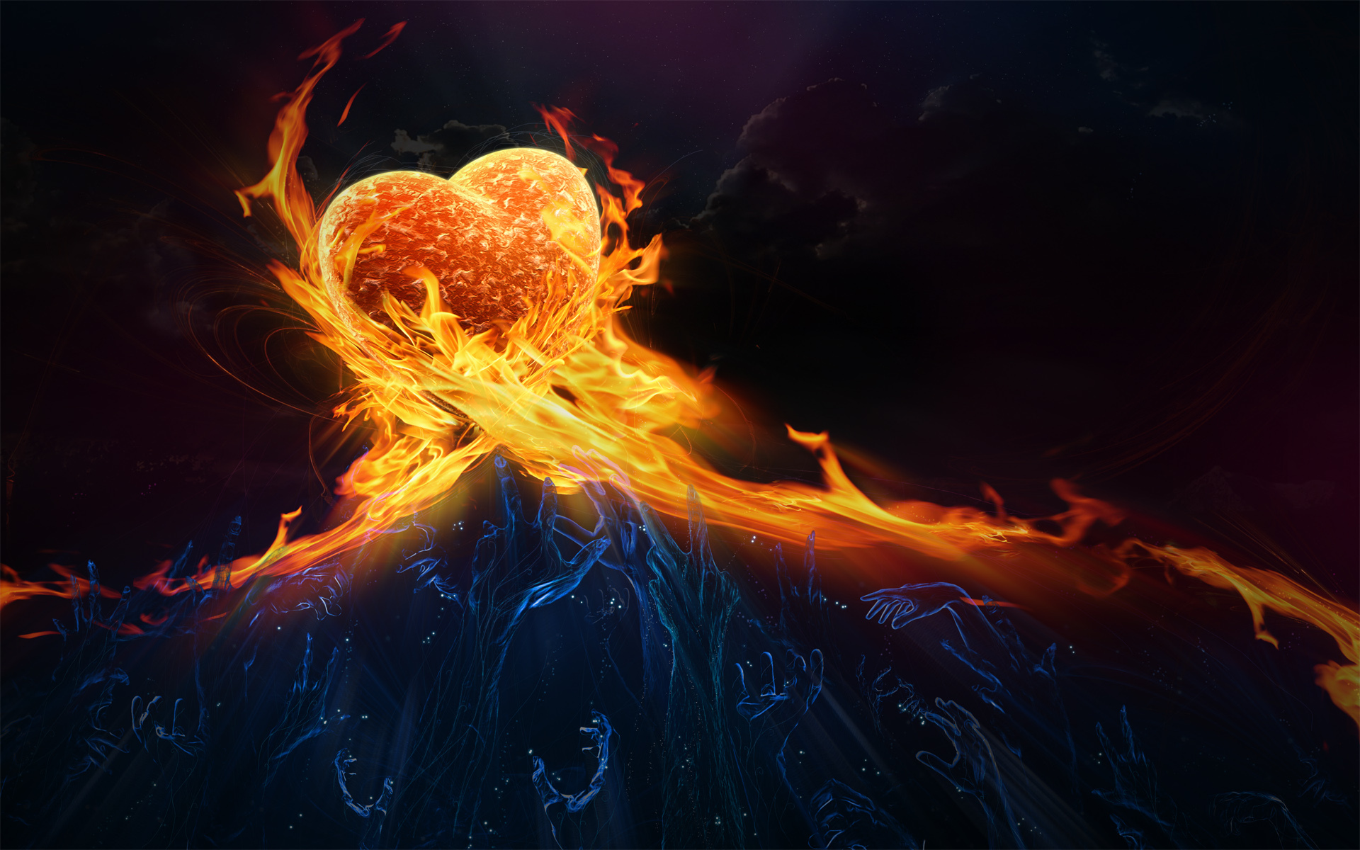 Обои огонь, сердце, руки, чувства, fire, heart, hands, feelings разрешение 1920x1200 Загрузить