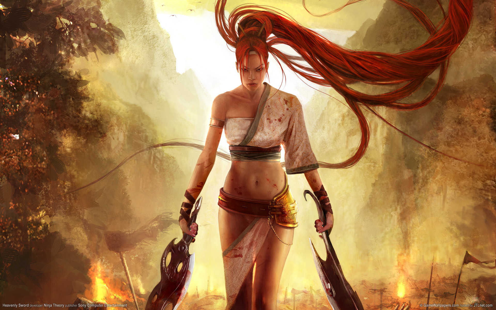 Обои горы, девушка, воин, огонь, nariko, небесный меч, mountains, girl, warrior, fire, heavenly sword разрешение 1920x1200 Загрузить