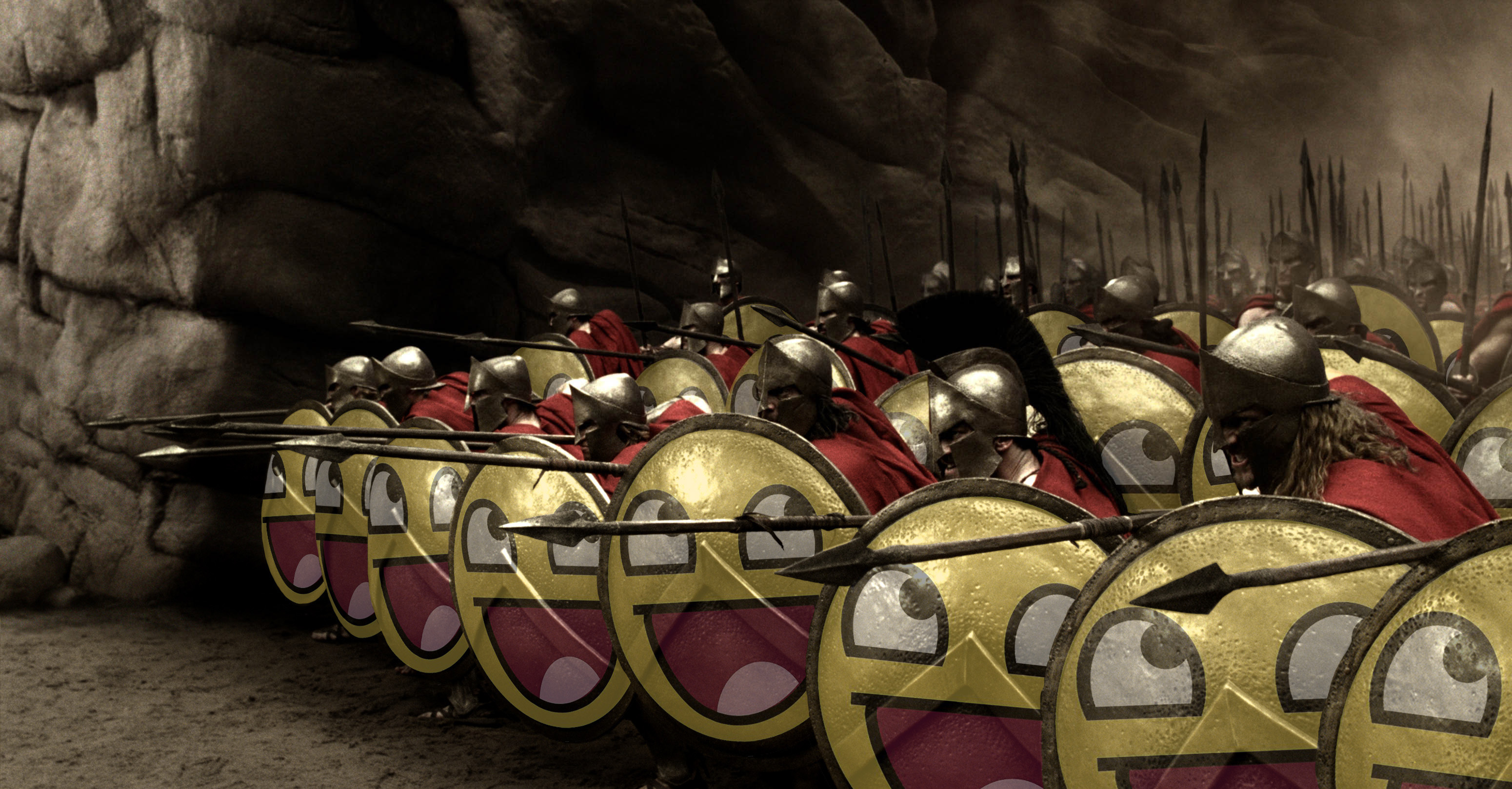 Обои смайлы, щиты, воины, копья, 300 спартанцев, smiles, shields, warriors, spears, 300 spartans разрешение 3100x1618 Загрузить