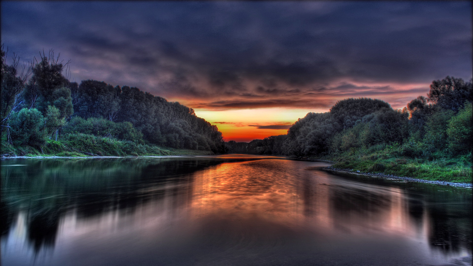 Обои облака, вечер, река, природа, закат, пейзаж, утро, сумерки, clouds, the evening, river, nature, sunset, landscape, morning, twilight разрешение 1920x1080 Загрузить