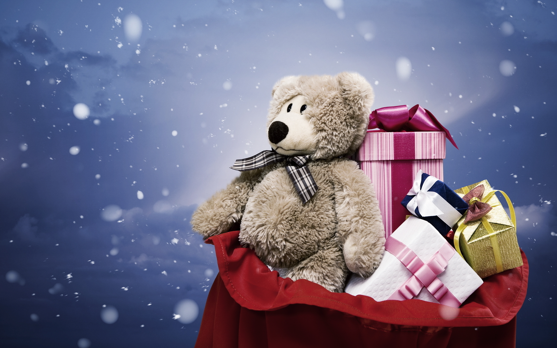 Обои новый год, зима, подарки, плюшевый мишка, new year, winter, gifts, teddy bear разрешение 1920x1200 Загрузить