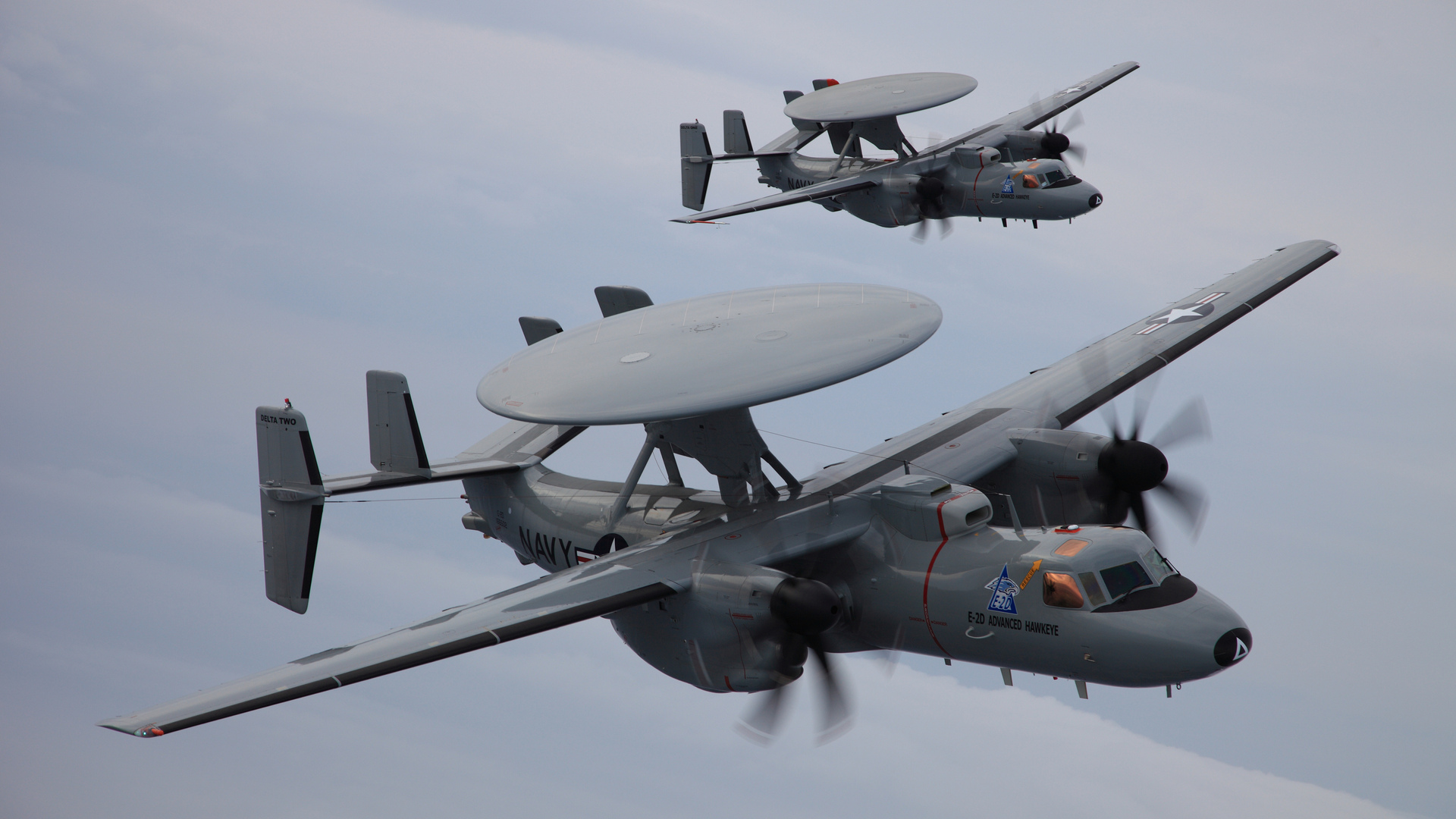 Обои облака, пара, e-2d, самолет дрло, advanced hawkeye, northrop grumman, clouds, pair, awacs aircraft разрешение 1920x1080 Загрузить