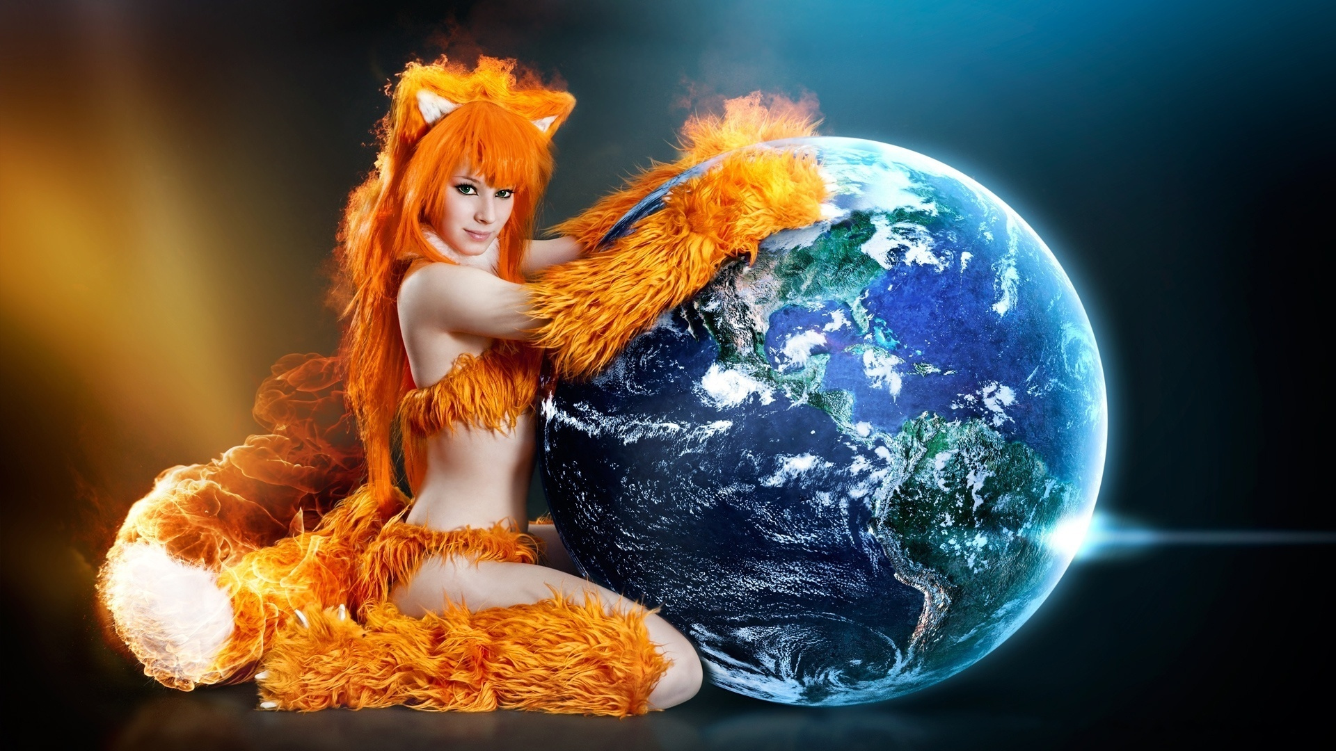 Обои фаерфокс, огненная лисица, девушка в костюме лисицы, обнимает планету, firefox, fire fox, a girl dressed as a fox, hugging the planet разрешение 1920x1080 Загрузить