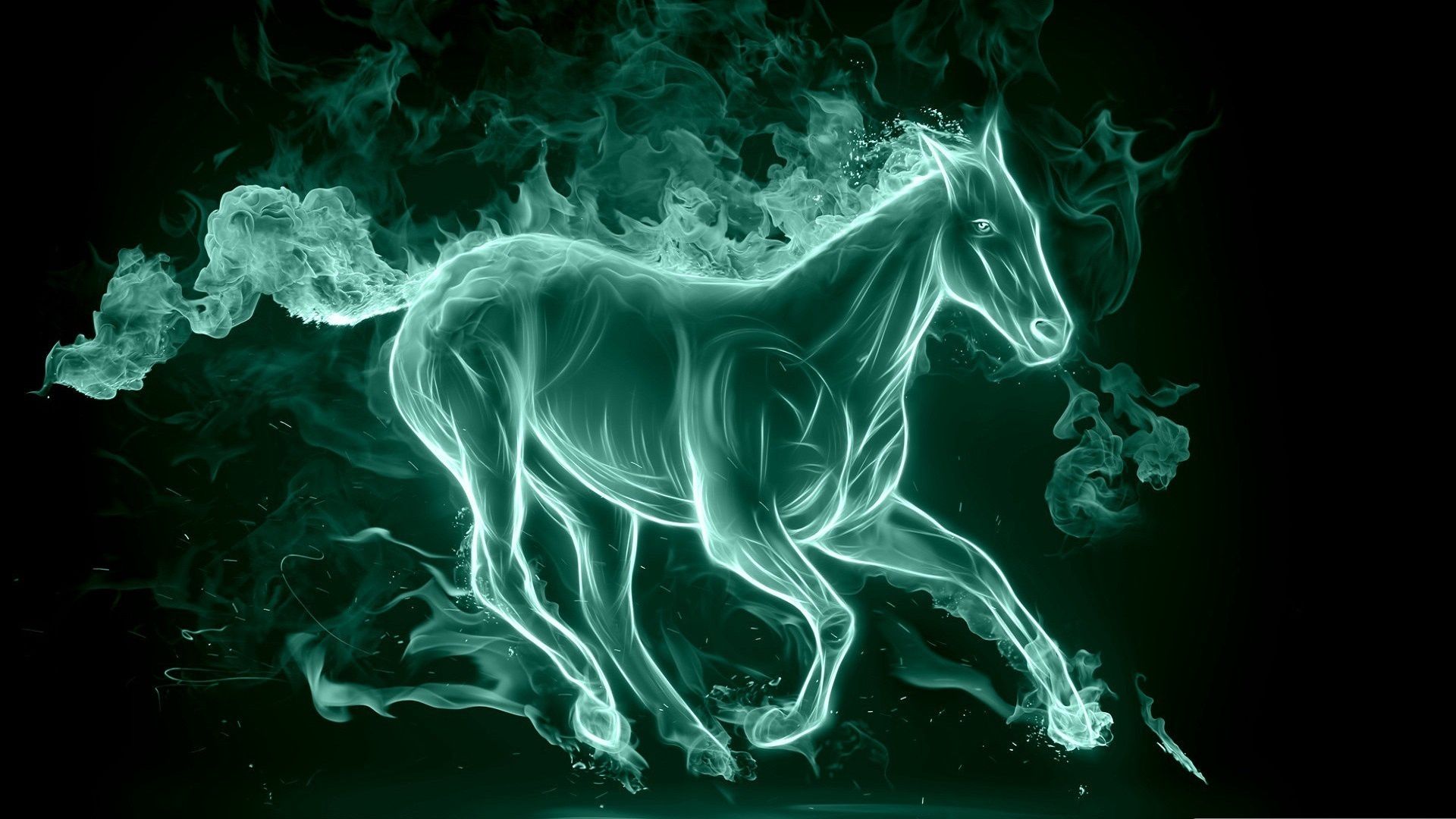 Обои лошадь, сияние, дым, грива, хвост, бежит, horse, lights, smoke, mane, tail, runs разрешение 1920x1080 Загрузить