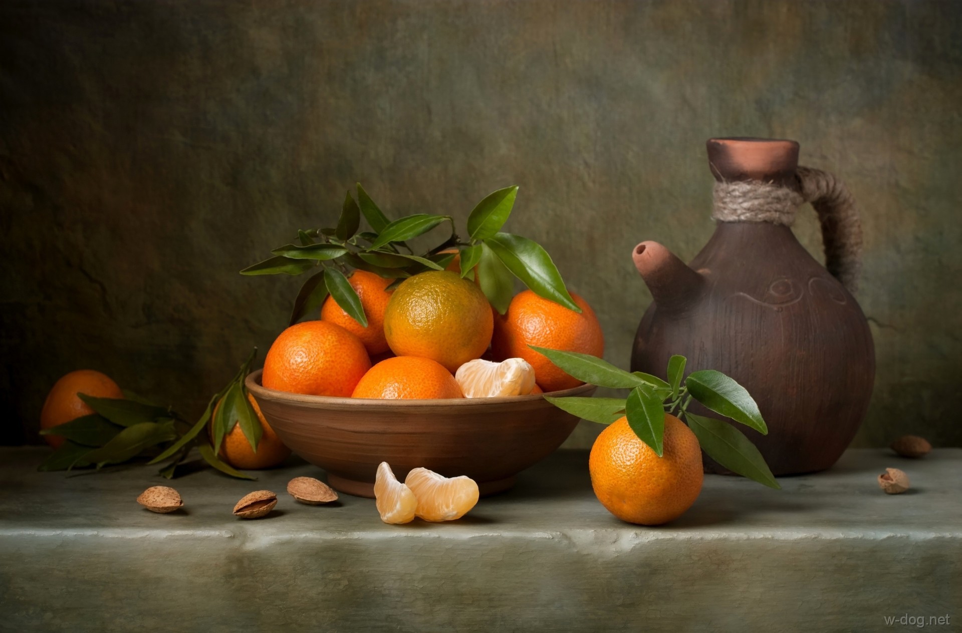 Обои фрукты, кувшин, мандарины, натюрморт, цитрусы, миндаль, fruit, pitcher, tangerines, still life, citrus, almonds разрешение 1920x1264 Загрузить