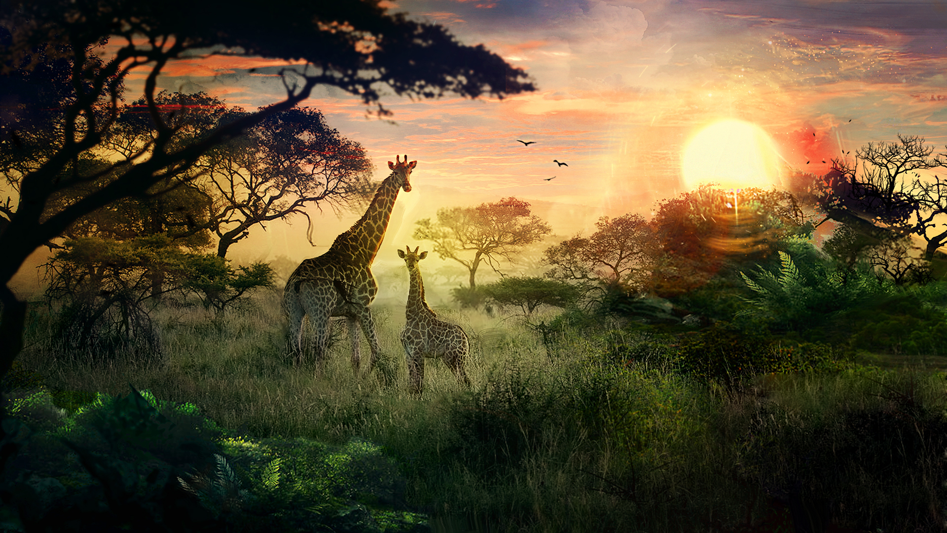 Обои солнце, природа, закат, жирафы, детеныш, сафари, the sun, nature, sunset, giraffes, cub, safari разрешение 1920x1080 Загрузить