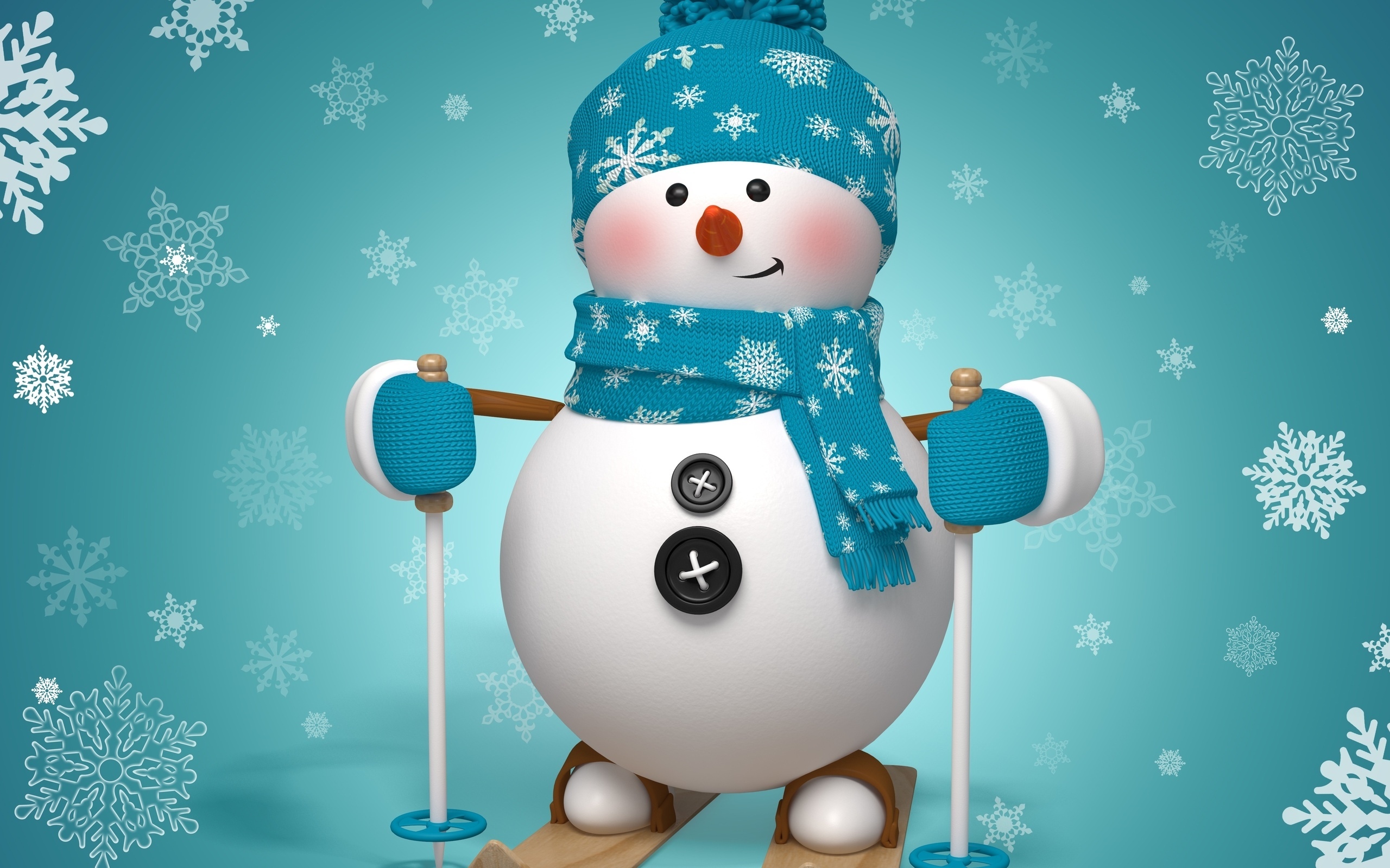 Обои снег, новый год, снеговик, лыжи, шарф, рождетство, пуговица, snow, new year, snowman, ski, scarf, rojdestvo, button разрешение 2560x1600 Загрузить