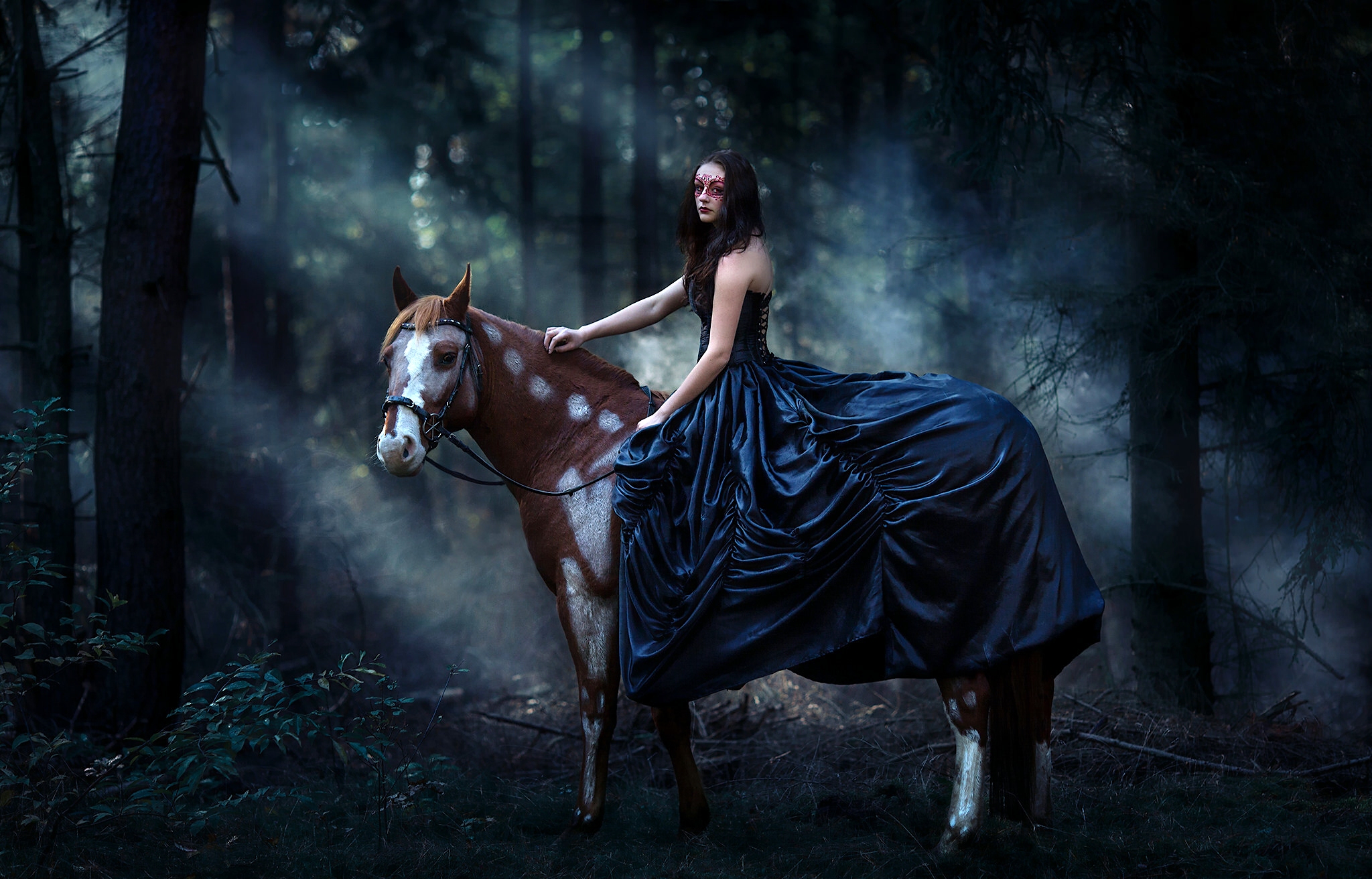 Обои лошадь, лес, девушка, маска, платье, конь, horse, forest, girl, mask, dress разрешение 2048x1312 Загрузить